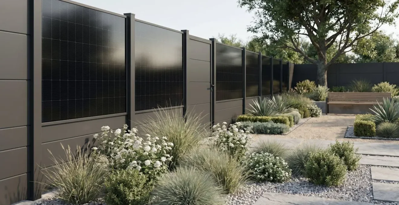 Clôture en aluminium avec panneaux solaires intégrés dans un jardin contemporain.