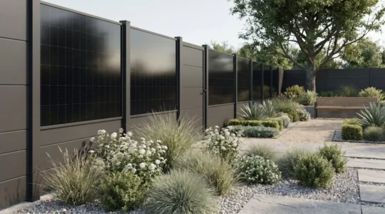 Clôture en aluminium avec panneaux solaires intégrés dans un jardin contemporain.