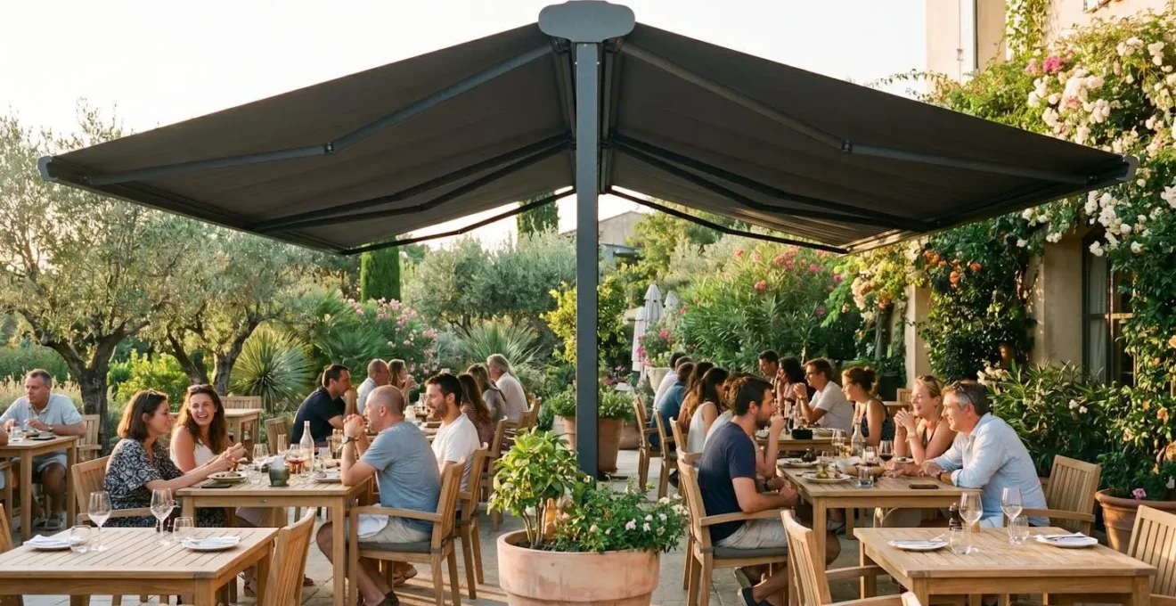 Terrasse de restaurant en bois aménagée sous un store double pente en aluminium anthracite, lumière naturelle filtrée, mobilier en teck, convives attablés