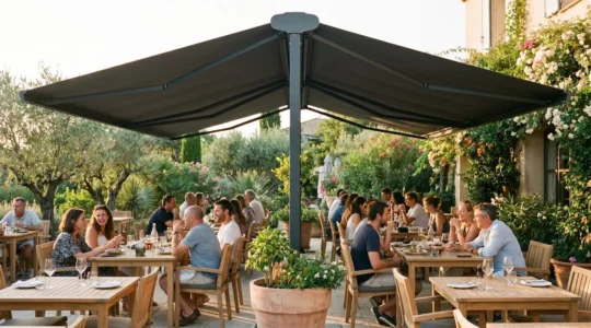 Terrasse de restaurant en bois aménagée sous un store double pente en aluminium anthracite, lumière naturelle filtrée, mobilier en teck, convives attablés
